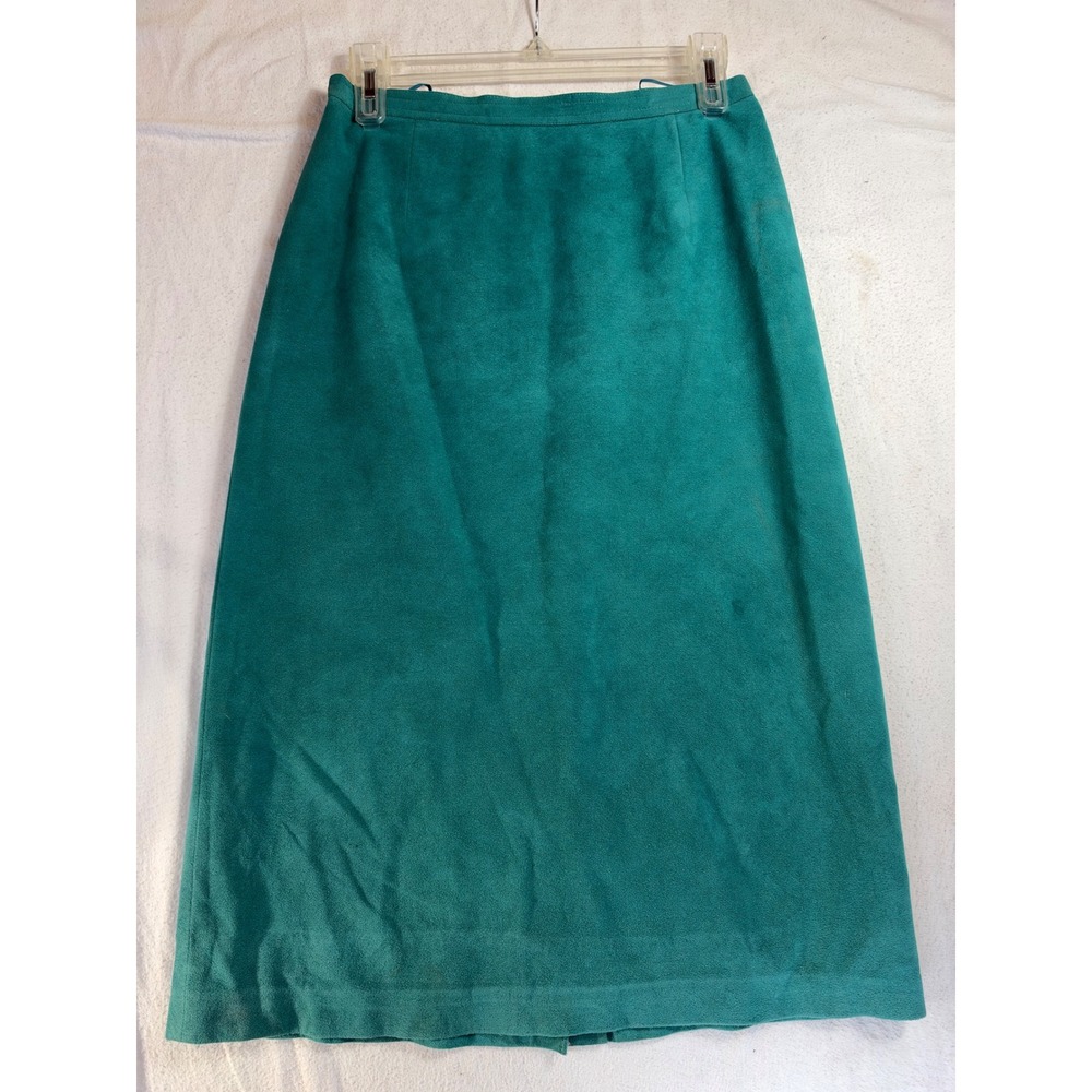 Vintage Teal Faux Suede Skirt Suit Set Blazer & Midi Skirt Green 2 Piece - Picture 9 of 16